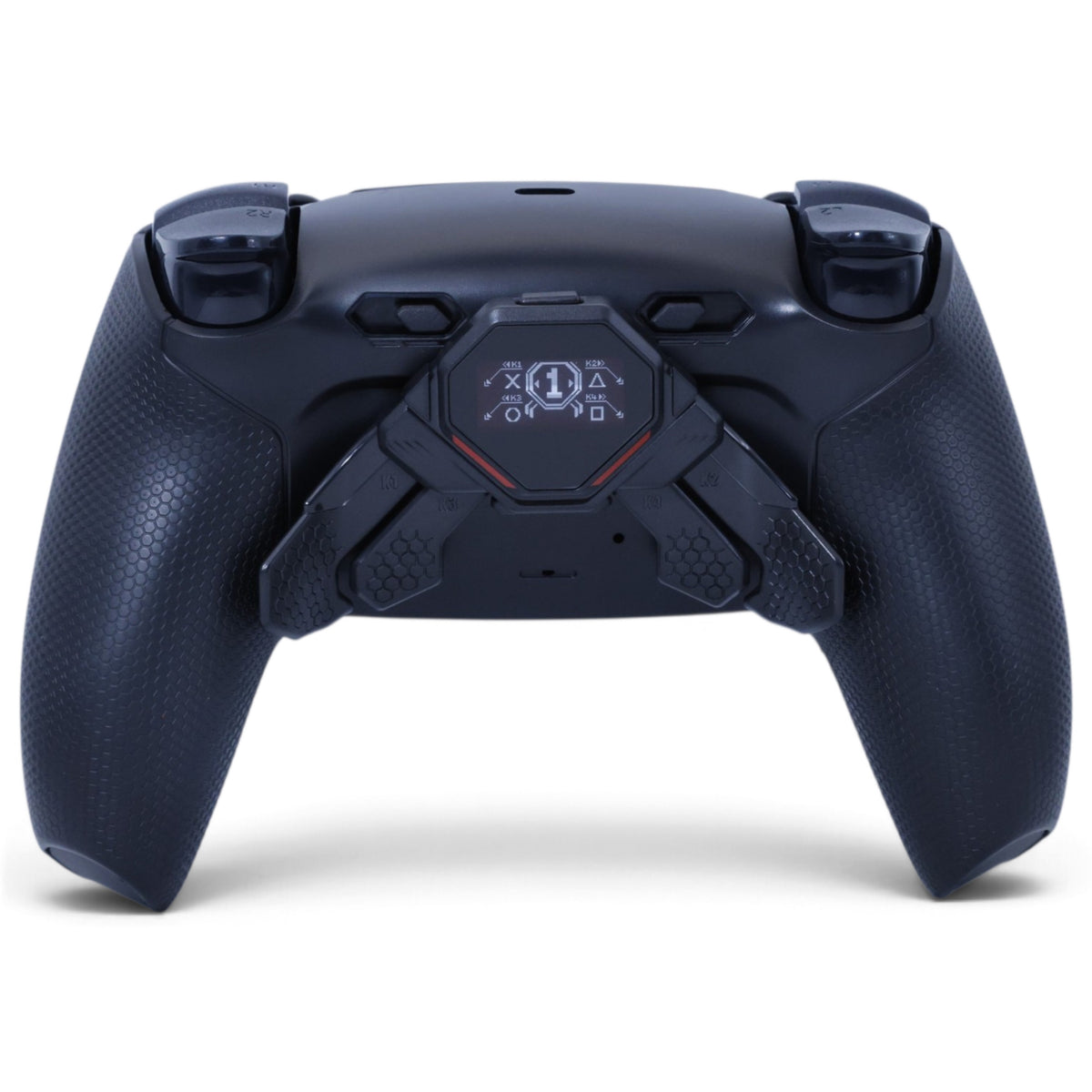 Assassin Max PS5 Pro Controller mit TMR-Sticks – Rückansicht mit eingeschaltetem OLED-Display und Paddles