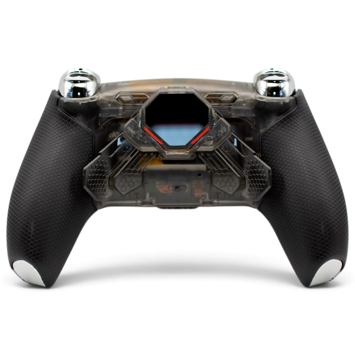 Gear 5 Max PS5 Pro Controller mit TMR-Sticks – Rückansicht mit vier Paddles und OLED-Display