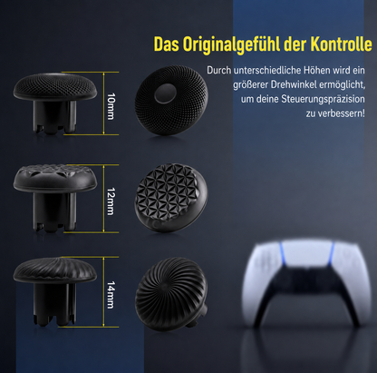 Drei schwarze PS5-Thumbsticks in 10, 12 und 14 mm Höhe