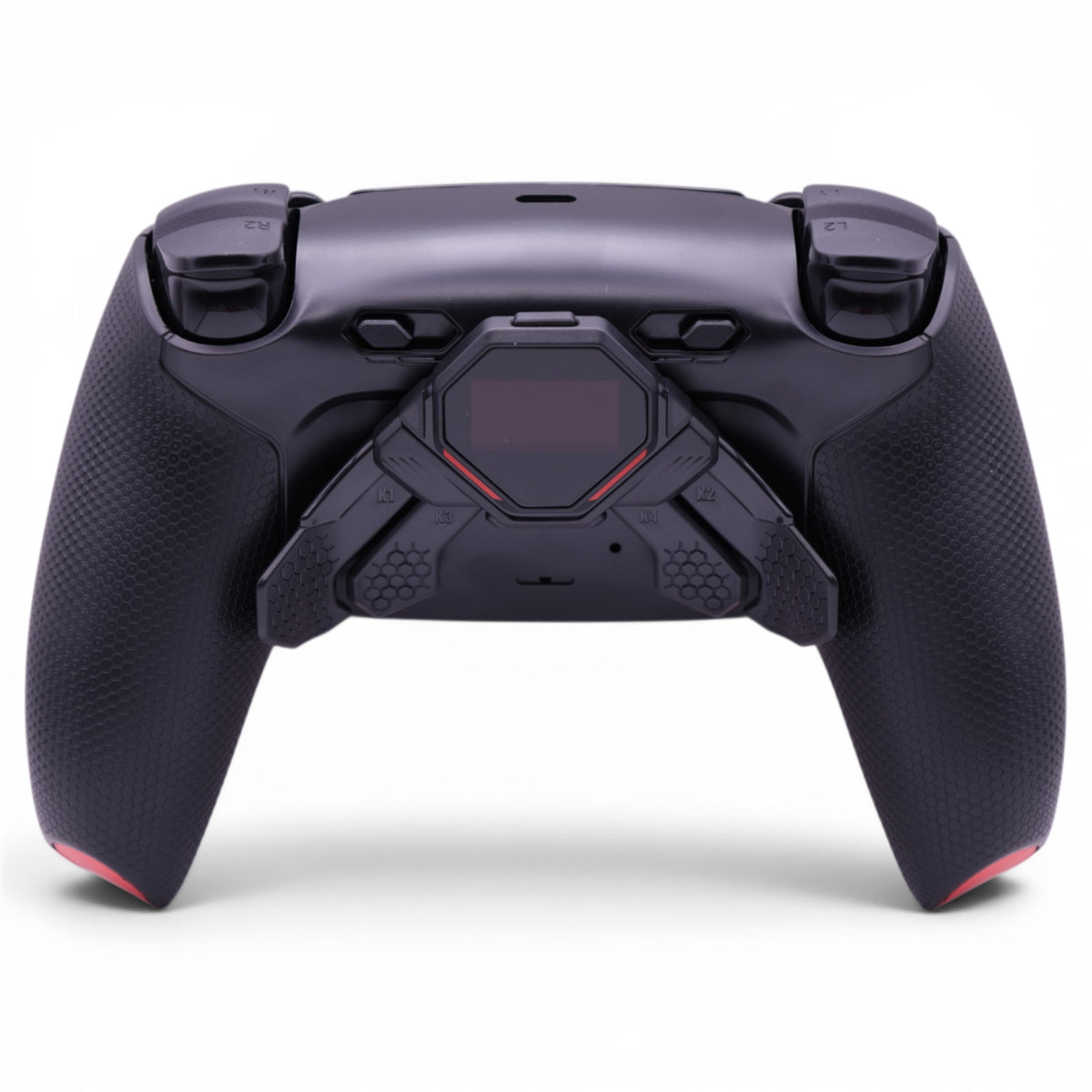 Red PS5 Pro Controller mit TMR-Sticks – Rückansicht mit vier Paddles und OLED-Display