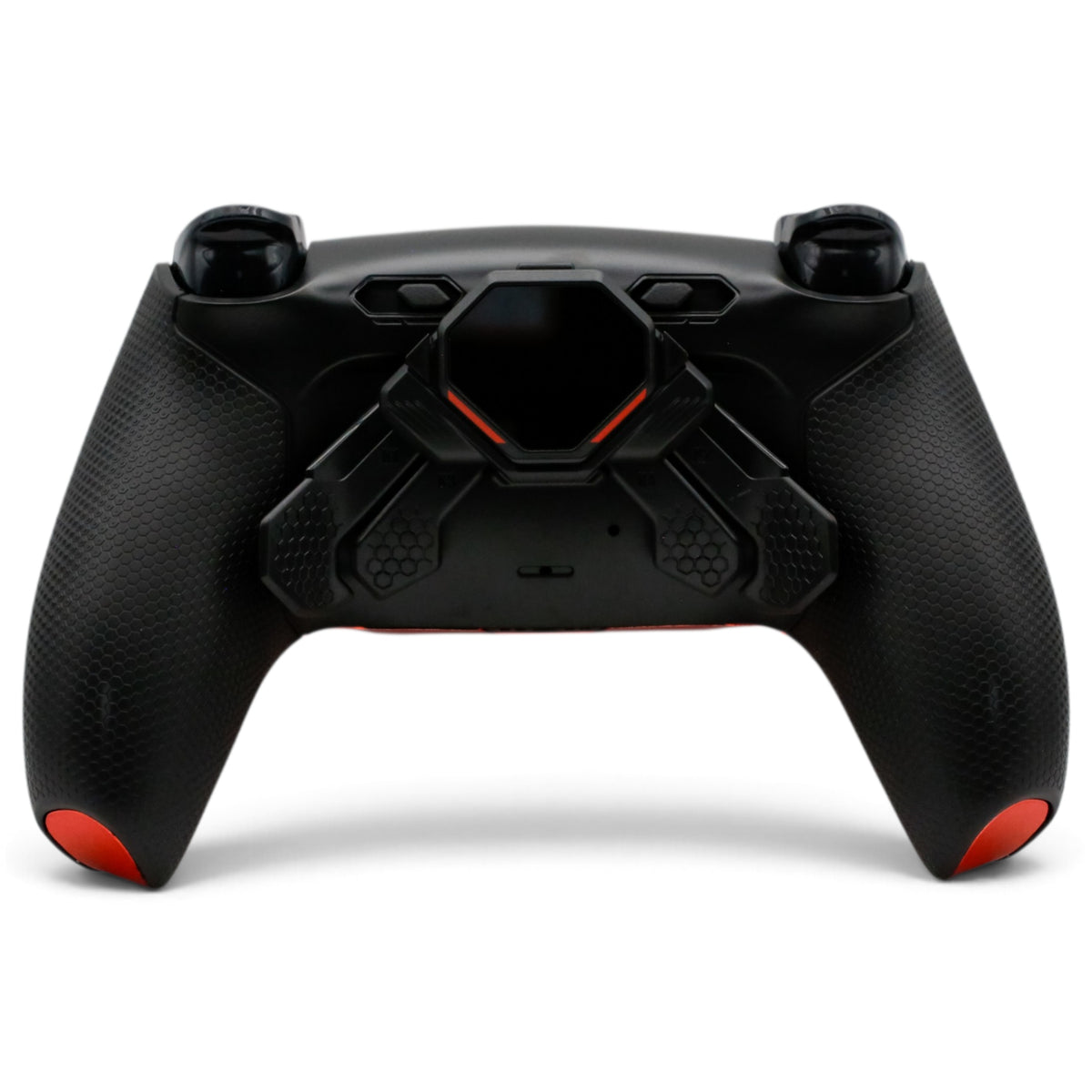 Red Skull PS5 Pro Controller mit TMR-Sticks – Rückansicht mit vier Paddles und OLED-Display