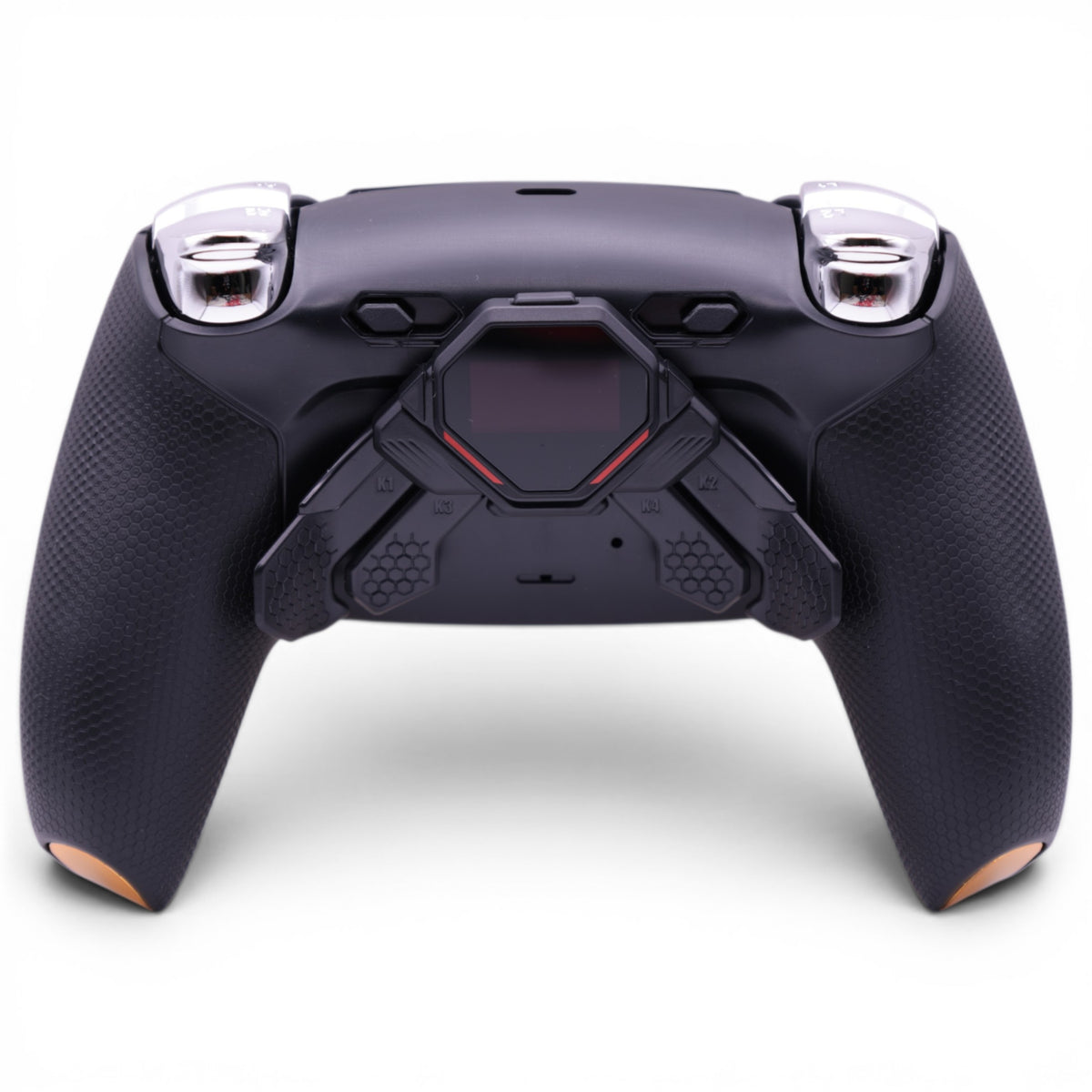 Wukong Gold Max PS5 Pro Controller mit TMR-Sticks – Rückansicht mit vier Paddles und OLED-Display