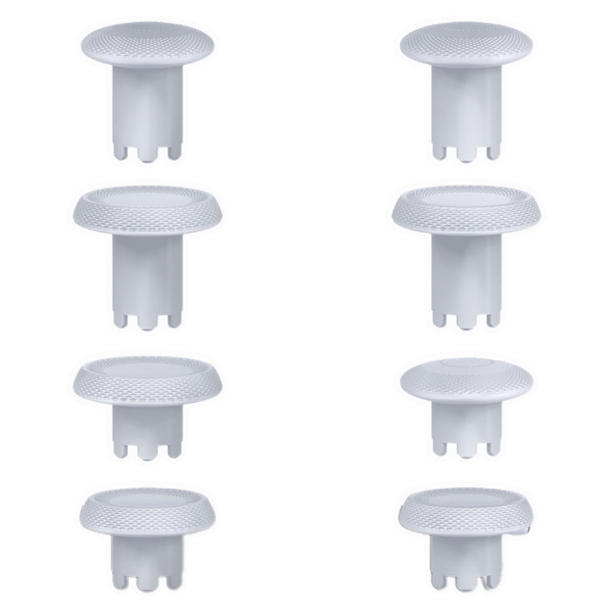Acht weisse austauschbare Controller-Thumbsticks in verschiedenen Höhen